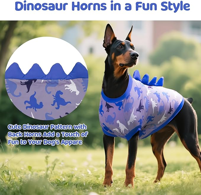 UPF 50+ Sun Protection Dog Shirt - Sleeveless Cooling Vest for Medium Dogs Boy, Quick-Dry Pet T-Shirt with Funny Dinosaur Horns, UV Protective Breathable Dog Clothes U-COSBX03M