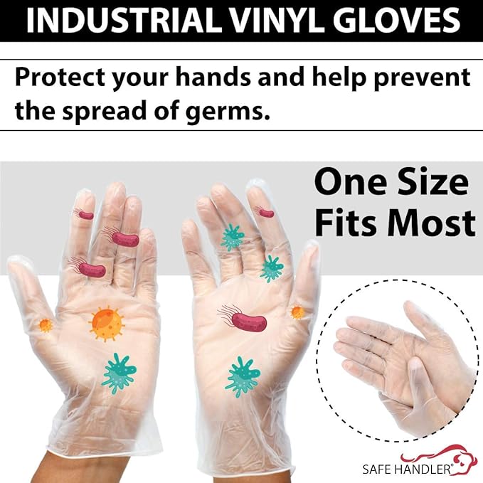 SAFE HANDLER Industrial Vinyl Gloves | Latex Free, Powder Free, Multi Purpose, Cleaning, For Work or For Home, Ambidextrous, Disposable Gloves (100 per box,10 boxes = 1000 PIECES)
