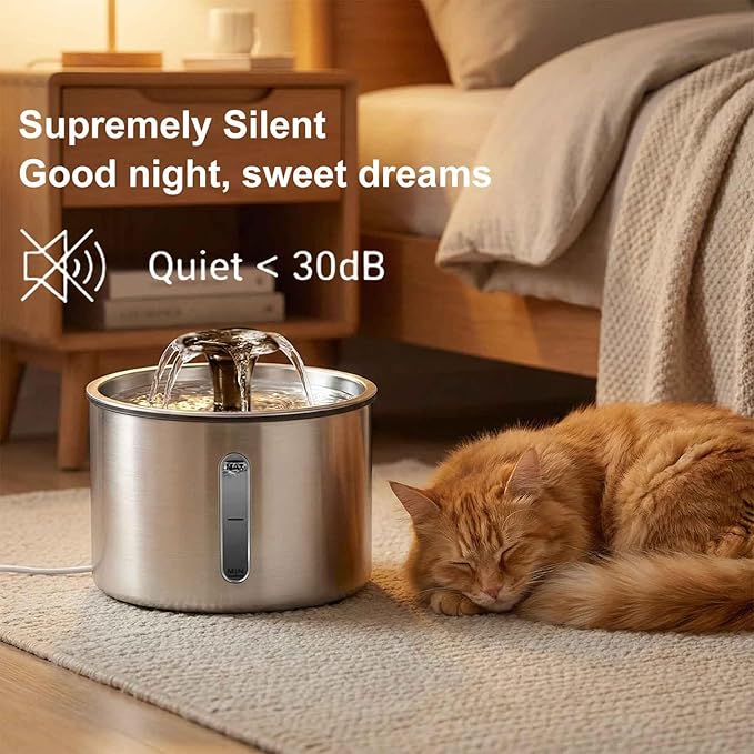 Stainless Steel Cat Water Fountain, 84oz/2.5L Pet Fountain Dog Water Dispenser with Water Level Window for Cats/Dogs Indoor, Flower Style Sprinkler, Silent Automatic USB Wired Dispenser,Filter Sponge