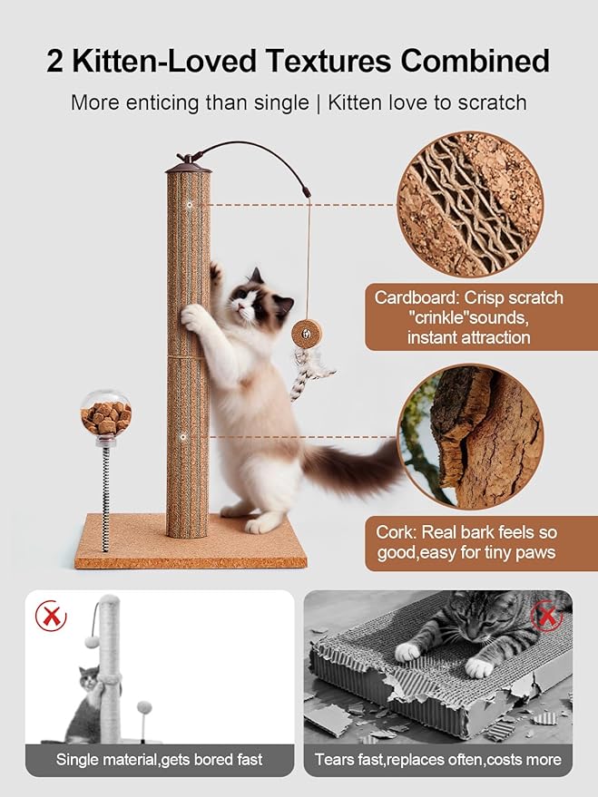 Kitten Claw Friendly Scratching Post Cork & Cardboard Mix Indoor 26" Premium Durable Nature Kittens Scratch Post Tree with Snack Ball & Feather Interactive Toys for Novice Cat Owner