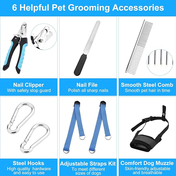 Dog Grooming Hammock, Pet Grooming Harness for Dogs&Cats, Multi Hammock Restraint Bag with Adjustable Grooming Loop/Stainless D-Hooks/Nail Clippers/Trimmer/Nail File for Pet Nail Trimming, Care (S)