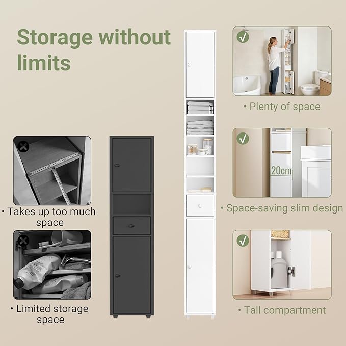 SoBuy Bathroom Narrow Storage Cabinet Skinny Tall Unit with Adjustable Shelves Slender Anti-Tipping Floor Standing Cupboard, White & Natural BZR34-WN