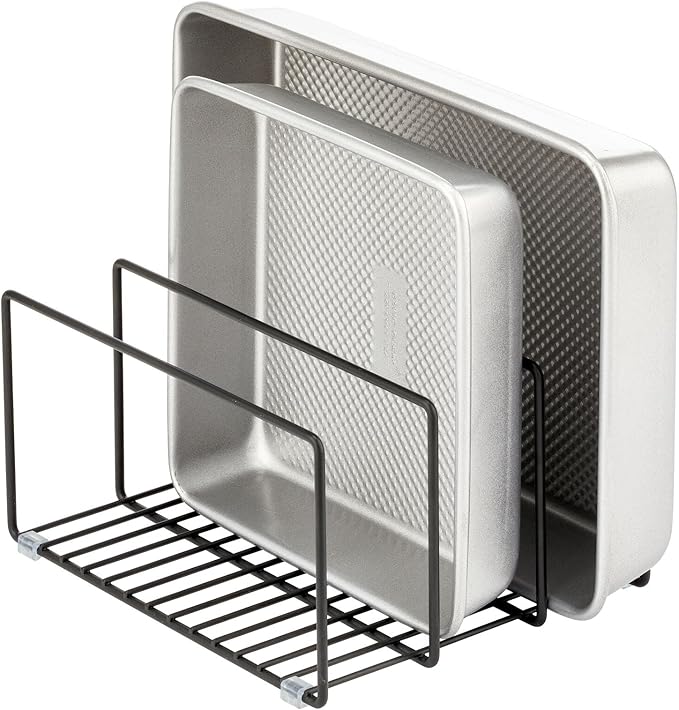 mDesign Metal Pan Organizer for Kitchen Cabinet, Counter, Pantry Shelf - 3 Slots for Baking Sheets, Muffin Pans, Cutting Boards, Frying Pans - Pan Organizer and Storage - Concerto Collection - Black