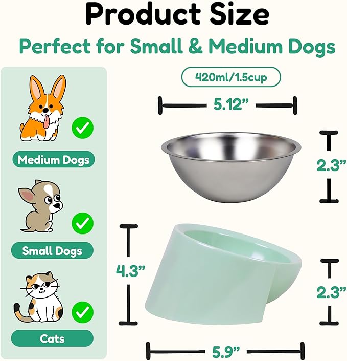 Tilted Dog Bowl for Flat-Faced & Senior Dogs, 15° Slanted Stainless Steel Dog Food Bowl, Elevated Pet Feeder for Small & Medium Dogs, Comfortable Eating Design (Green, M (420 ML / 1.5 Cups))