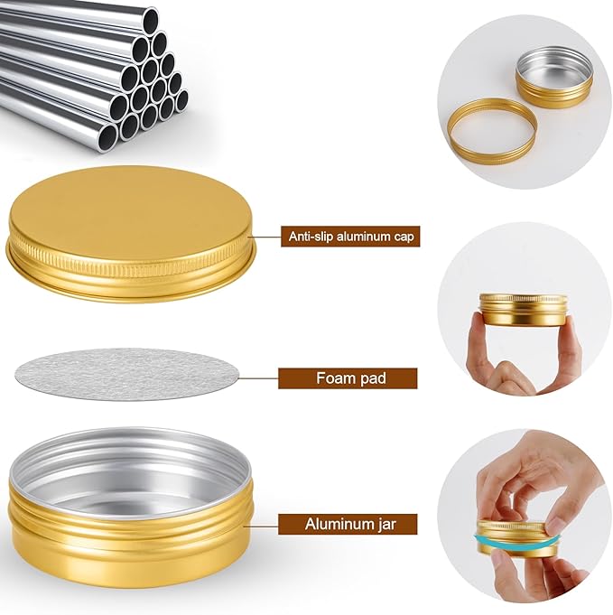 96 Pack Round Cans with Screw Lid 2 Oz Aluminum Metal Tins DIY Food Candle Containers for Lotion Bars, Balms, Salve, Spices, Beard Balm, Crafts with 4 Markers 3 Sheets Label Stickers (Gold)