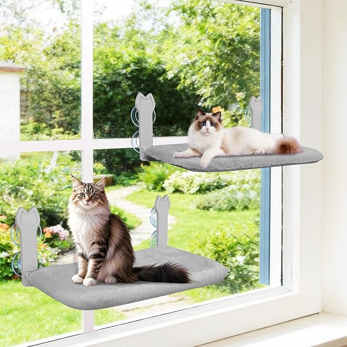2 Pack Cat Window Perch,Cat Window Hammock Cordless Foldable Window Bed with 4 Large Strong Suction Cup,Reversible Cushion Cover,Metal Frame Easy to Adjust Window Supports 40lb(Gray,L)