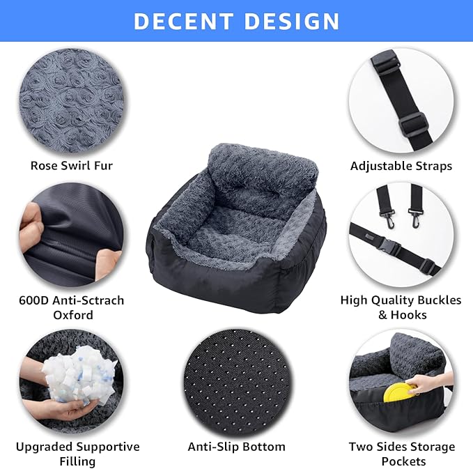 Dog Car Seat for Small Dogs,Washable Pet Booster Seats with Clip-On Safty Leash, Comfy Deluxe Plush Carseat with Storage Pockets, Puppy Car Travel Carrier Bed for Dogs Under 25 lbs, Black