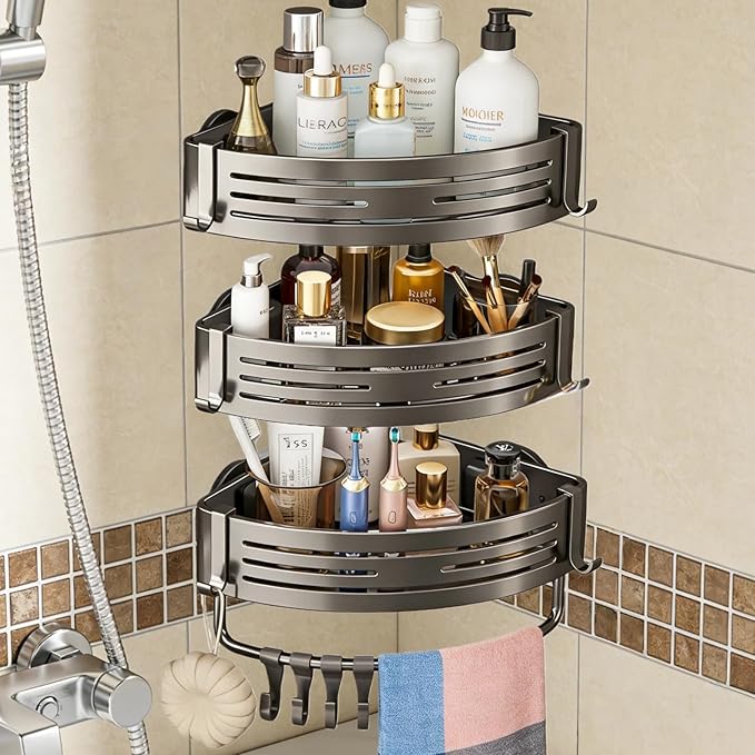 3Pcs Corner Shower Shelf Caddy Suction Cup, No Drill Hole with Towel Bar and Hook, Gray Bathroom Storage Rack, Zero Drill Triangle Shelves, Store Toiletries and Bath Towel for Bathroom Kitchen RV