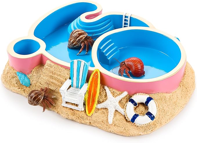 Gerrii Hermit Crab Water Bowl with Climbing Ramp, 2 Compartments Resin Hermit Crab Water Bathing Pool Accessories Food Dish Seashell Reptile Climbing Habitat Platform for Lizard Frog Gecko