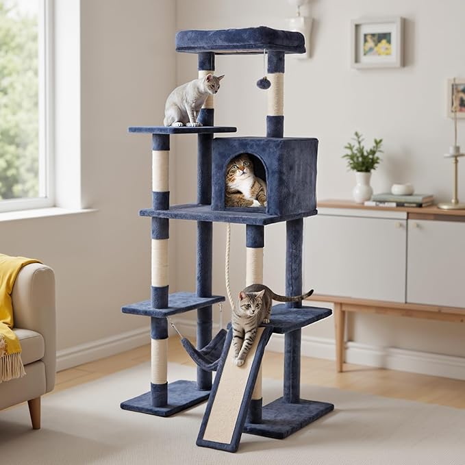 63 inch Multi-Level Cat Tree Tower 63 with Scratching Posts, Cozy Perches and Stable Climbing Platform for Indoor Cats,Dark Grey