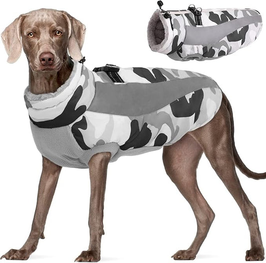 FUAMEY Dog Winter Jackets for Large Dogs,Dog Coat with Harness Built in,Waterproof Dogs Snowsuits Warm Pet Jacket Zip Up Fleece Cold Weather Coats Reflective Puppy Vest with Pocket Blue 3XL