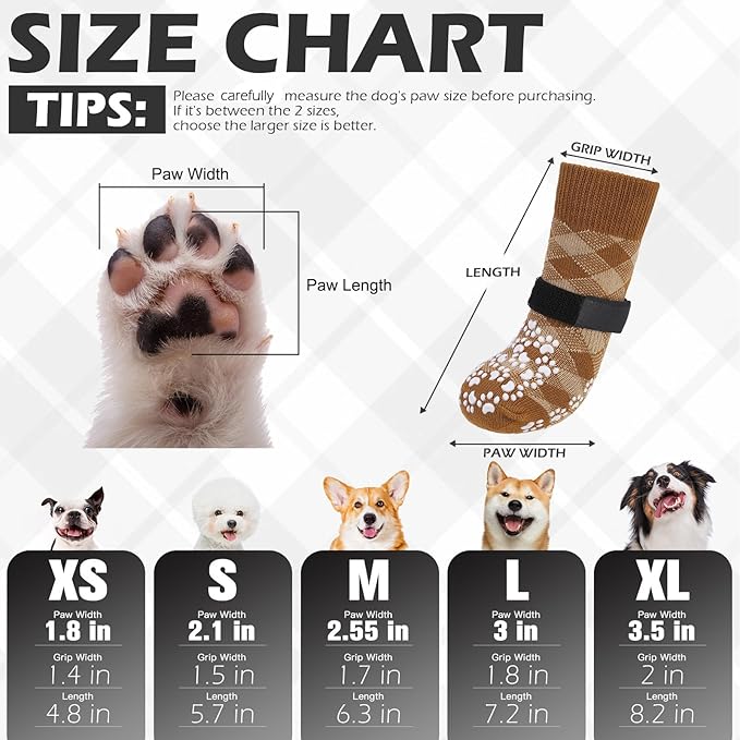 EXPAWLORER Dog Socks for Cold Winter Snow to Prevent Licking Paws, Anti Slip Doggie Booties Grippy Shoes for Hardwood Floors, Boots & Paw Protectors for Small Medium Large Senior Dogs Khaki S