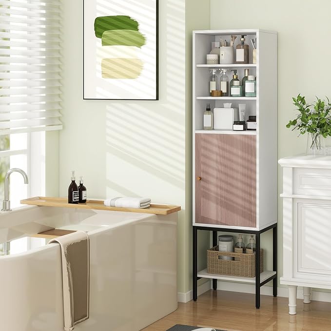 Tangkula Tall Bathroom Storage Cabinet with 1 Door and 4 Shelves, 57" H Narrow Floor Cabinet with Adjustable Shelves, Tall Slim Bathroom Cabinet for Living Room, Entryway, Kitchen (White)