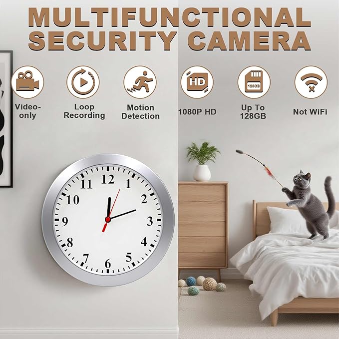 1080P HD Mini Camera Wall Clock Cameras with Motion Detection Indoor Security Hidden Cam Pet Camera for Home/Office, No Wi-Fi