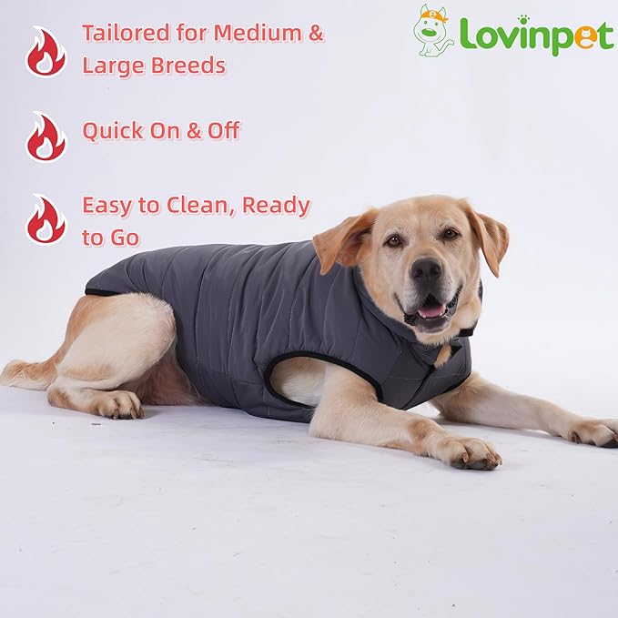 LovinPet Reversible Dog Puffer Coat for Medium & Large Dogs, Down‑Insulated Winter Jacket, Water‑Resistant & Wind‑Resistant, Anti‑Static, Dual-Sided Black & Grey for Cold Weather,2XL