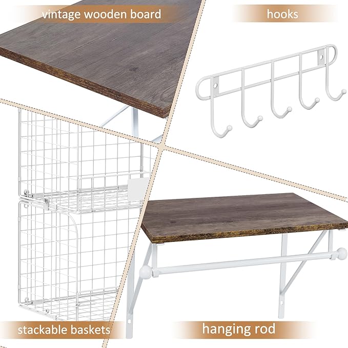 2 Set Laundry Room Shelves Wall Mounted with Wire Storage Baskets, Over Washer and Dryer Shelves with Hanging Rods and Hooks, Wire Shelves for Laundry Organization and Storage, White, Wooden
