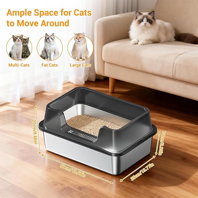 Enclosed Stainless Steel Cat Litter Box with Lid, XL Extra Large Litter Box for Big Cats, Metal Litter Pan High Sided, Never Absorbs Odors, Anti-Urine Leakage, Easy Cleaning, Include Scoop