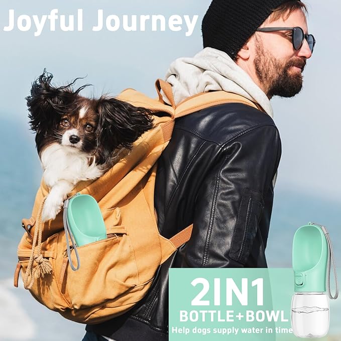 Portable Dog Water Bottle with Bowl, Leak Proof, Convenient for Walking, Hiking, Camping (Green, 12oz)