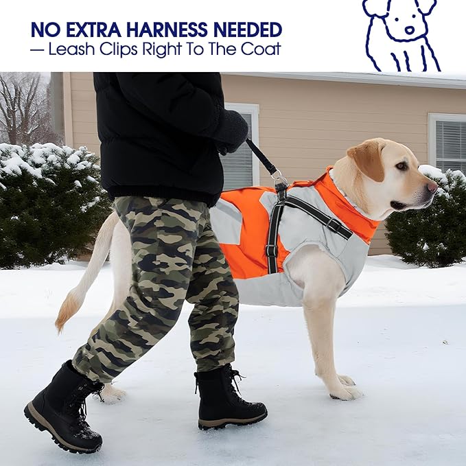 FUAMEY Dog Winter Jackets for Small Dogs,Dog Coat with Harness Built in,Waterproof Dogs Snowsuits Warm Pet Jacket Zip Up Fleece Cold Weather Coats Reflective Safety Pets Hunting Vest Orange S