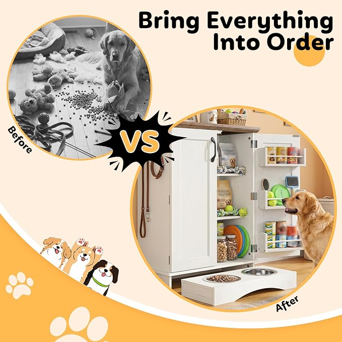 Pet Food Storage Cabinet with Bowls, Dog Food Feeding Station with Storage, Dog Food Cabinet with Adjustable Shelves, Hooks, Letter Stickers, Pet Organizer and Storage for Cat/Dog, White&Oak
