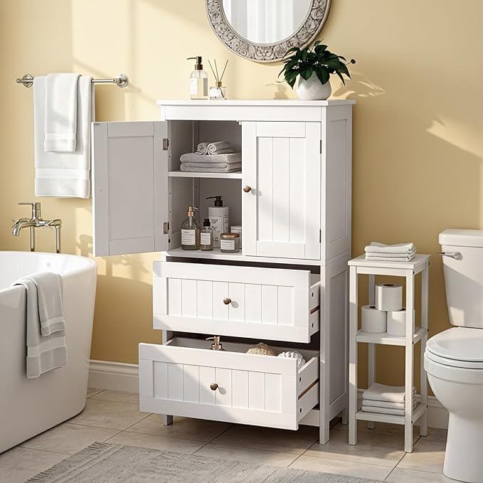 Karl home White Floor Storage Cabinet, Freestanding Storage Unit with 2 Drawers & 2 Doors, Thin Toilet Organizer for Small Spaces，for Entryway, Bathroom