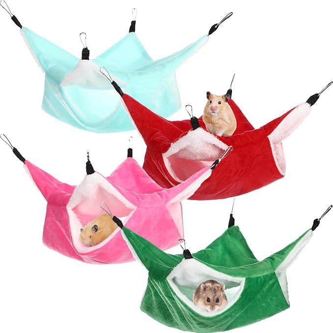 Nuogo 4 Pcs Rat Hammock for Cage Small Animal Hanging Ferret Hammocks for Rat Accessories Double Layer Ferret Bed for Guinea Pig Playing Sleeping (Red, Green, Rose Red, Turquoise,Classical)