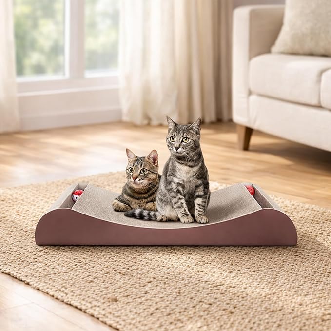 FluffyDream Cat Scratcher Cardboard, Scratching Pad House Bed Furniture Protector, Infinity Shape, Curved (Brown, Bone + Bell)