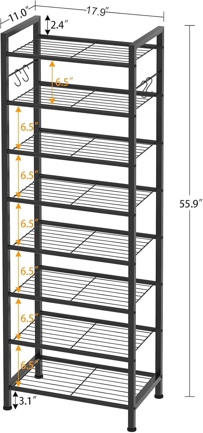 usikey 8 Tiers Narrow Shoe Rack 16-24 Pairs, Sturdy Metal Tall Shoe Rack with 4 Hooks, Slim Shoe Storage Organizer with Metal Shelf, Space Saving Vertical Shoe Shelf for Entryway Black UNYXJX016H