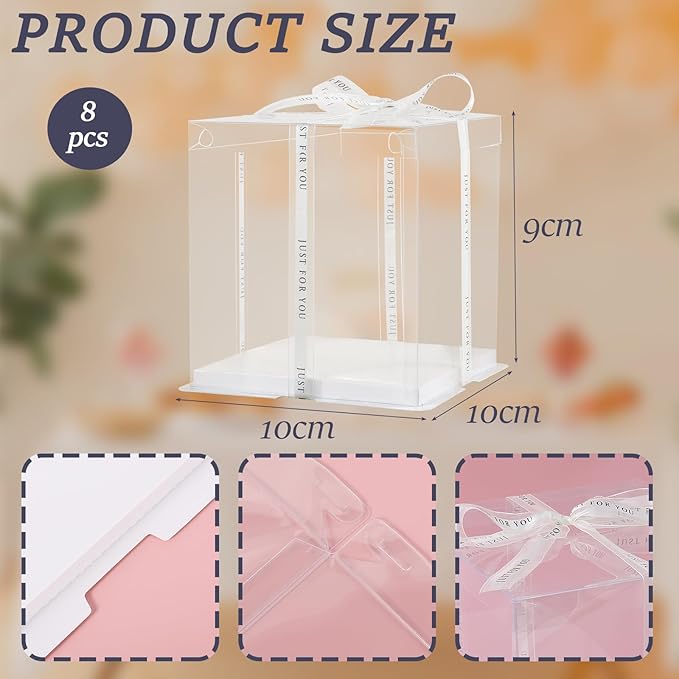 8Pcs Clear Cake Box with Ribbon 2-Layer 10x10x9 Inch, Transparent Cake Box with Lids, Tall Cake Boxes, Transport Gift Boxes for Birthday Wedding Valentine'Day.(Clear, 10 * 10 * 9inch/8pcs)