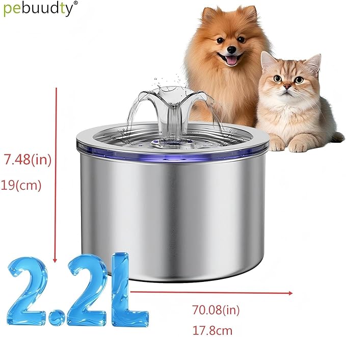 74oz/2.2L Stainless Steel Cat Water Fountain, Automatic Pet Water Dispenser for Cats and Small Dogs, 304 Stainless Steel, Ultra-Quiet Pump, Night Light, Auto Shut-Off for Water Shortage
