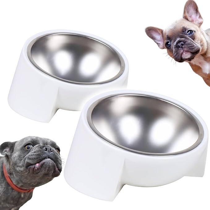 Tilted Dog Bowl for Flat-Faced & Senior Dogs, 2 Pack 15° Slanted Stainless Steel Dog Food Bowl, Elevated Pet Feeder for Small & Medium Dogs, Comfortable Eating Design (White*2, M (420 ML / 1.5 Cups))