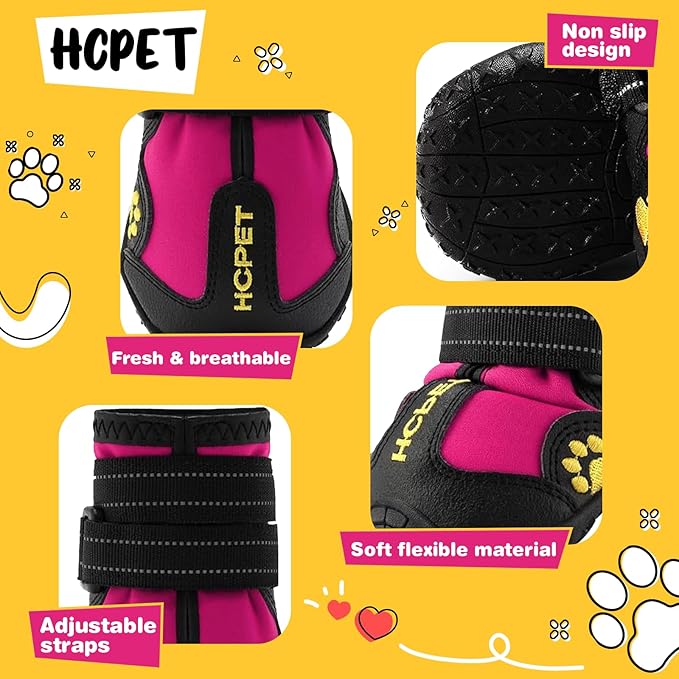Hcpet Dog Shoes, Dog Boots for Small Dogs, Waterproof Medium Dog Booties Paw Protector for Summer Hot Pavement, Winter Snowy Day, Outdoor Walking, Indoor Hardfloors Anti Slip Sole Pink Size 4