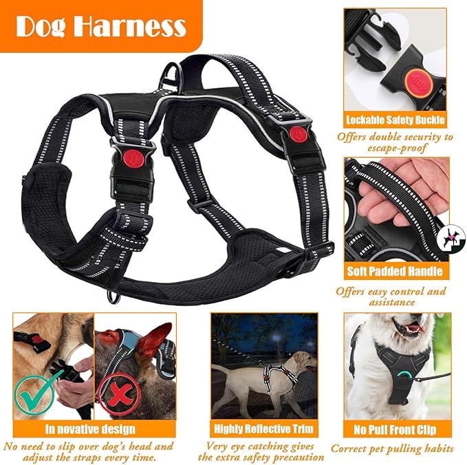 No Pull Dog Harness, Collar & Leash Set | Includes Dog Seat Belt, Collapsible Bowls & Poop Bag Dispenser. Ideal for Training, Walking, Hiking. Fits Small to Large Dogs(Orange-S)