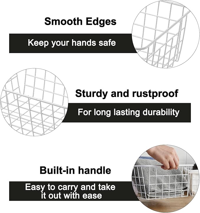 4 Pack White Wire Baskets 11.1"x8.7"x4.7", Wire Freezer Storage Organizer Bins Farmhouse Metal Freezer Basket with Handles for Cabinets, Pantry, Closets, Bedrooms