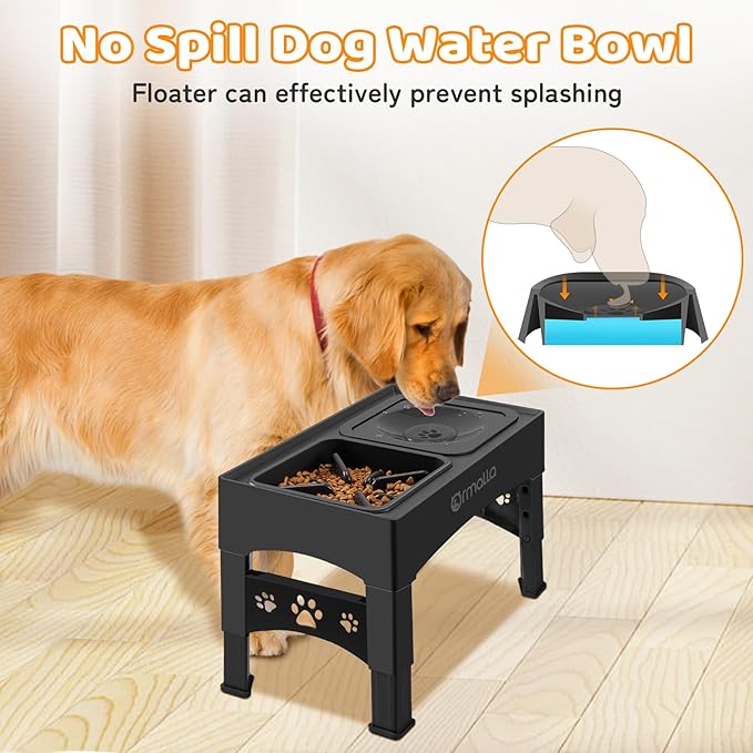 Elevated Slow Feeder Dog Bowls, Adjustable Raised Dog Bowl with No-Spill Water Bowl, Non-Slip Stand for Large, Medium, Small Dogs - 4 Heights: 3.7", 8.5", 10.1", 11.7" - Black