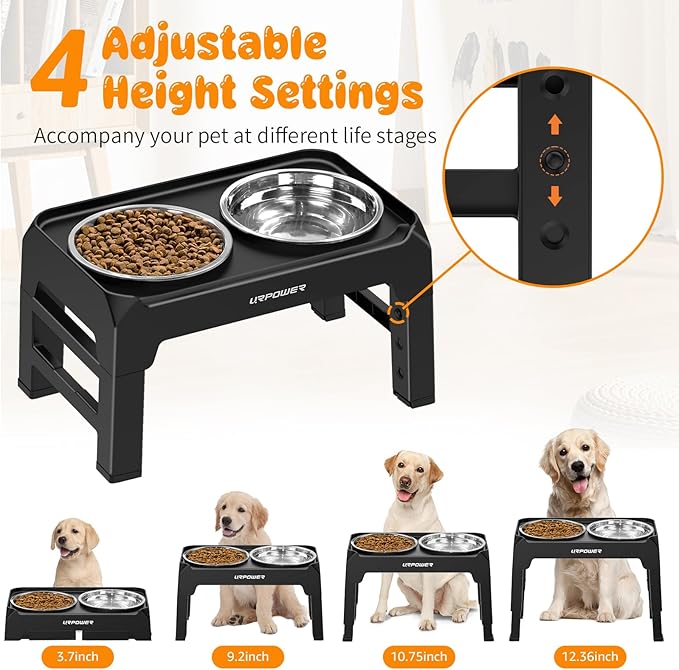 URPOWER Raised Dog Bowls 4 Height Adjustable Elevated Bowl Stand with Stainless Steel Water Bowl Non-Slip Dog Food Bowls Stand for Small Medium Large Dogs and Pets