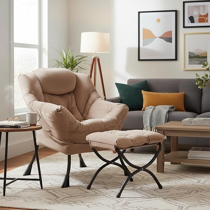 Welnow Lazy Chair with Ottoman, Modern Lounge Accent Chair with Armrests and a Side Pocket, Leisure Sofa Chair Set, Reading Chair with Footrest for Small Space, Corner Chair, Dark Brown