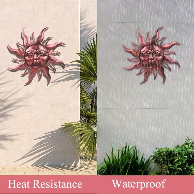 HOBYLUBY 28'' Metal Sun Wall Decor, Large Outdoor Wall Art Decor Hanging Decorative for Patio, Porch, Fence, Garden(Brown)