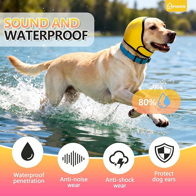 2Pcs Dog Ear Covers for Bath & Noise Protection,Adjustable Dog Ear Muffs Anxiety Relief Calming Hoodie Design,No Shake Ear Protection for Grooming,Swimming,Drying,Hematoma(Fuchsia&Yellow,M)