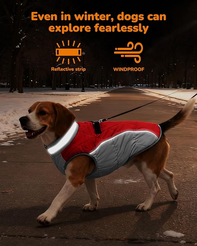 Dog Coat for Small Dogs, Adjustable Dog Jackets for Cold Weather, Reflective Winter Coat with Built-in Harness, Snowsuit Fits Dogs 5-8 lbs and Up, Size XS Red