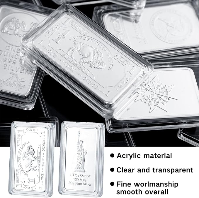 Batiyeer 25 Pcs 1 oz Silver Bar Case Holder Clear Acrylic Bar Capsule Storage Container for 1 Ounce Holder with Plastic Storage Box for Collectors Investors