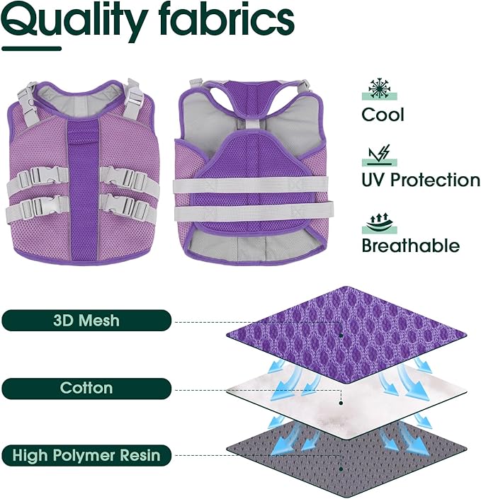 Kuoser Dog Cooling Vest Harness, Medium Dog Cooler Jacket, UV Protection Shirt with Leash Hole, Adjustable Fit Pet Harness for Outdoor Beach, Hiking, Walking Purple L