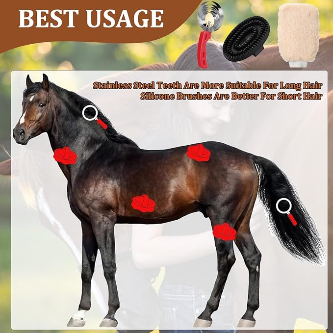 6 Rings Curry Comb Horse Brush, Reversible Stainless Steel Shedding Comb & Scraper with Soft Touch Grip, Horse Grooming Supplies for Horses, Dogs & Livestock, Curry Comb for Shedding & Bathing