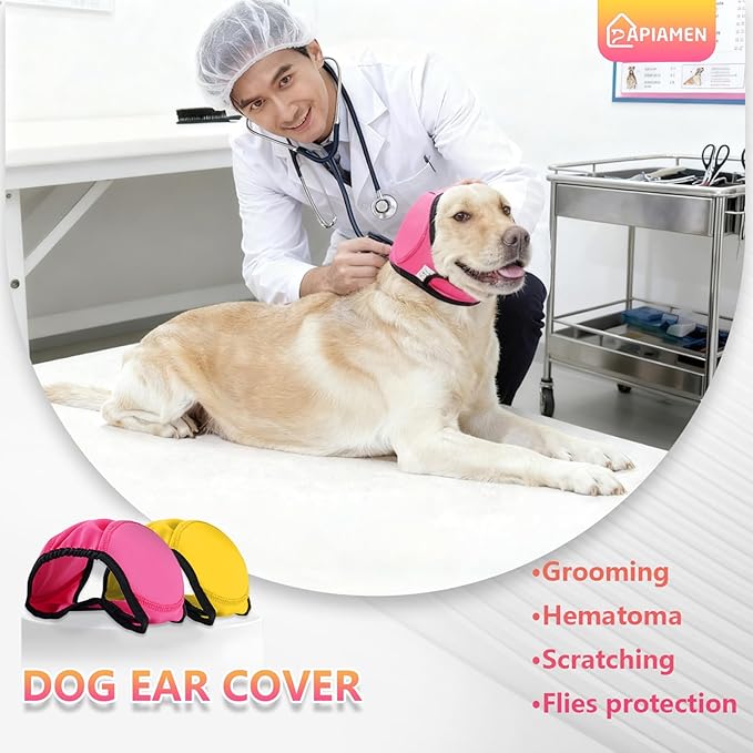 2Pcs Dog Ear Covers for Bath & Noise Protection,Adjustable Dog Ear Muffs Anxiety Relief Calming Hoodie Design,No Shake Ear Protection for Grooming,Swimming,Drying,Hematoma(Fuchsia&Yellow,M)