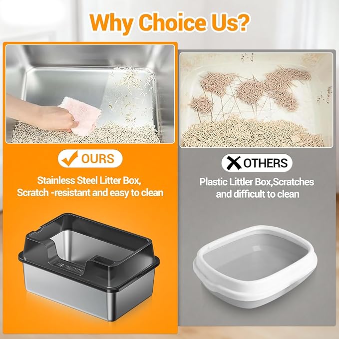 Enclosed Stainless Steel Cat Litter Box with Lid, XL Extra Large Litter Box for Big Cats, Metal Litter Pan High Sided, Never Absorbs Odors, Anti-Urine Leakage, Easy Cleaning, Include Scoop