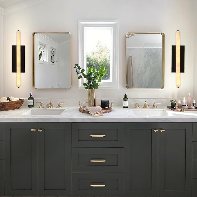 Alabaster Wall Sconces Set of Two, 25" Black Alabaster Sconce, Spanish Natural Marble Bathroom Vanity Sconces, Rectangle Modern Sconces Lighting for Bedroom Living Room Staircases Hallway