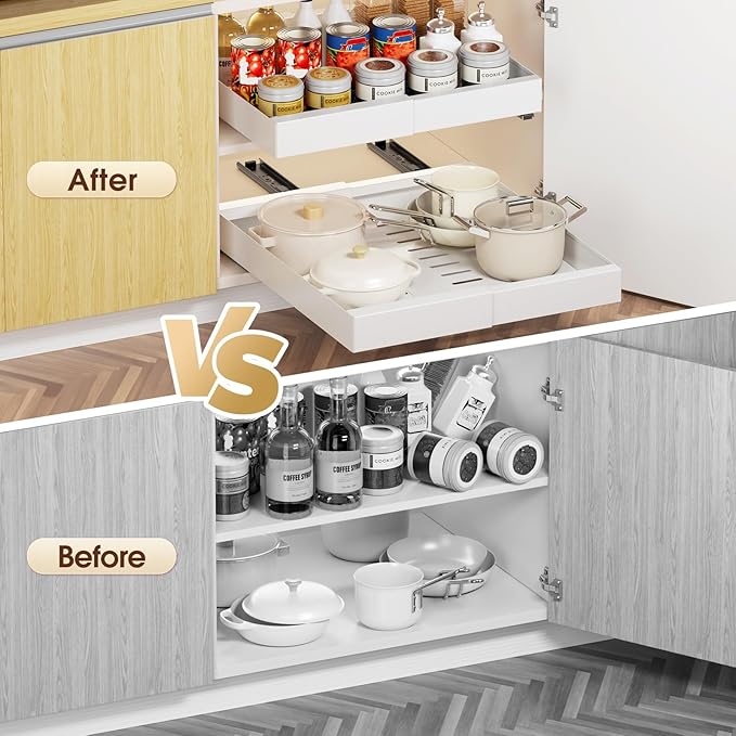Delamu 21" Deep Pull Out Cabinet Organizer, Expandable (12.3 "-20.8" W) Pull Out Drawers for Cabinets, Expandable Slide Out Drawers for Kitchen, Cabinets, Bathroom, Pantry Storage, White, 1 Pack