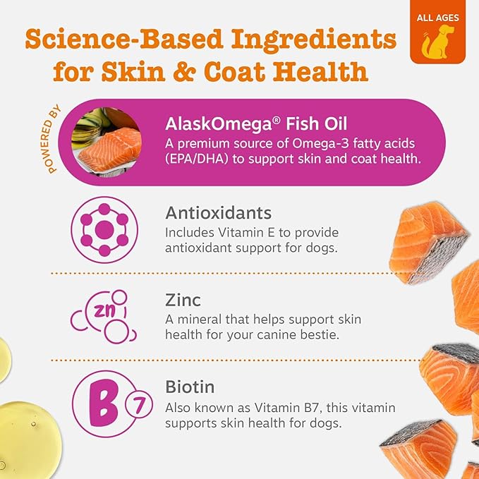 Zesty Paws Salmon Oil for Dogs Skin and Coat, Omega 3 Fish Oil Chews, Dog Allergy Relief Chews, Itch Relief Supplement, 250 Count, Salmon Flavor