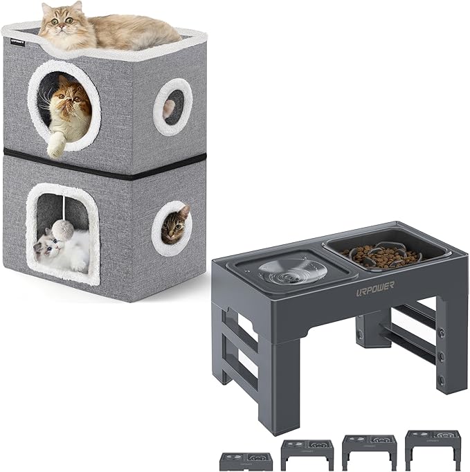 URPOWER 2-in-1 Elevated Slow Feeder Dog Bowls with No Spill Water Bowl & 2 Story Cat Bed for Indoor Cats