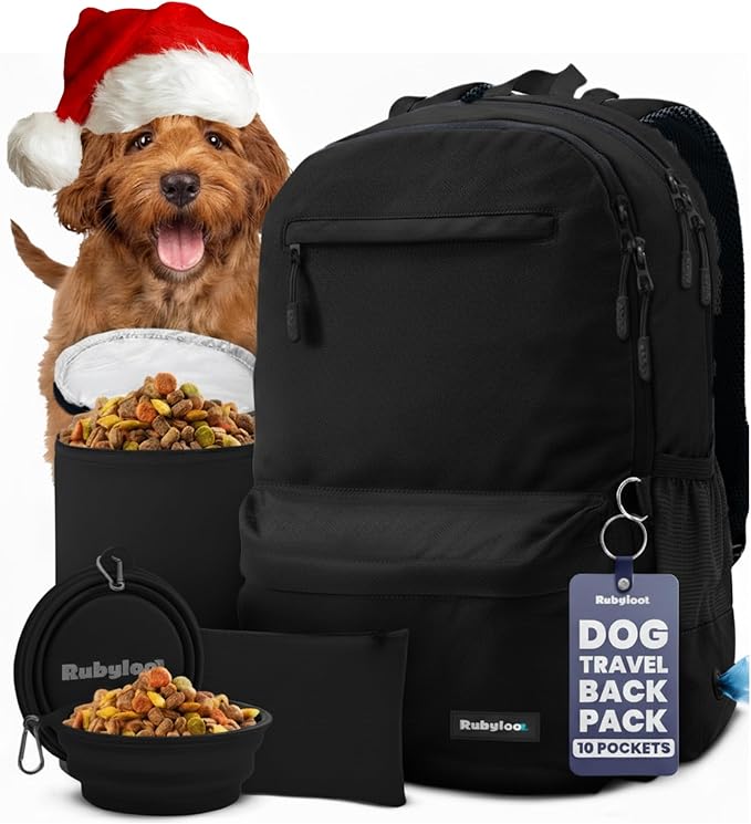 Dog Travel Bag for Supplies - Complete Doggy Diaper Bag Backpack - Ideal Gift for Dog Lovers, Doggy Moms & Dads for Christmas - Laptop Sleeve, 2 BPA-Free Bowls, Food Container, Treat Pouch: Black